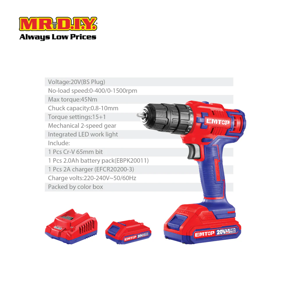 EMTOP Lithium-Ion Cordless Drill 45Nm - ECDL620011-3 - Image 9