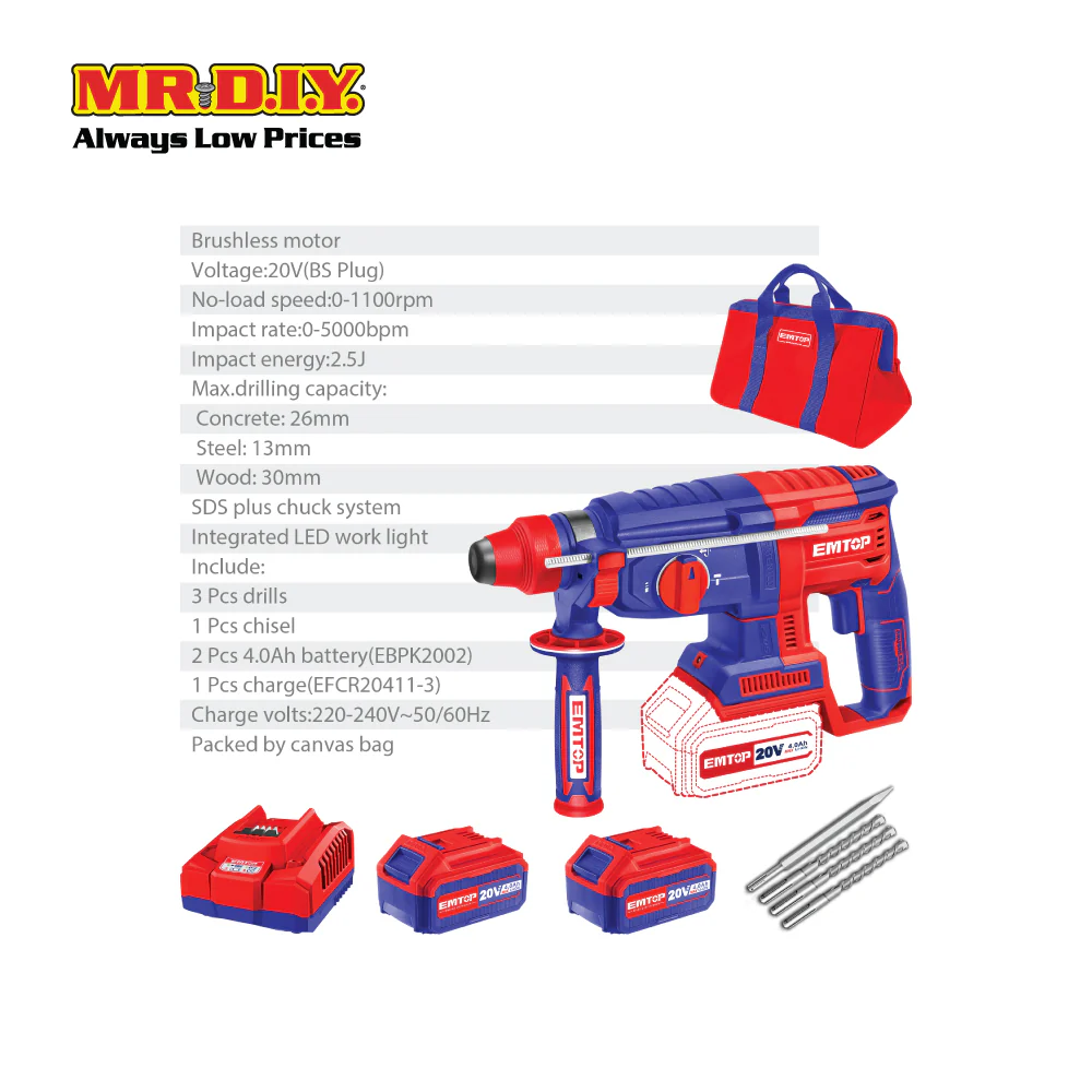 EMTOP Lithium-Ion Rotary Hammer ELRH202286-3 - Image 2