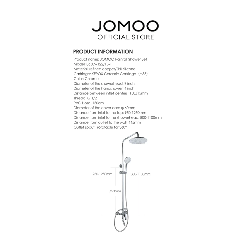 JOMOO Bathroom Rain Shower Set 36509-122/1B-1 - Image 4