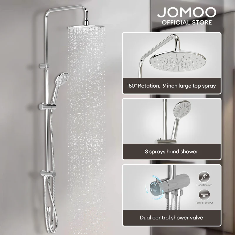JOMOO Rain Shower Set for Water Heater 36313 9 Inches Ultrathin Rainfall Shower Chrome Bathroom Handled Shower Head for House Durable Shower Set Bathroom - Image 2