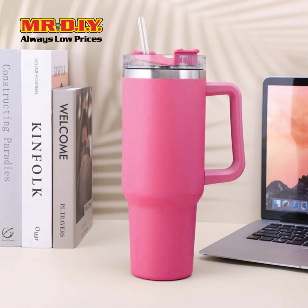 (MR. DIY) Stainless Steel Mug Thermos Flask with Straw (1200ml) - LIGHT PINK - Color Series - Image 6