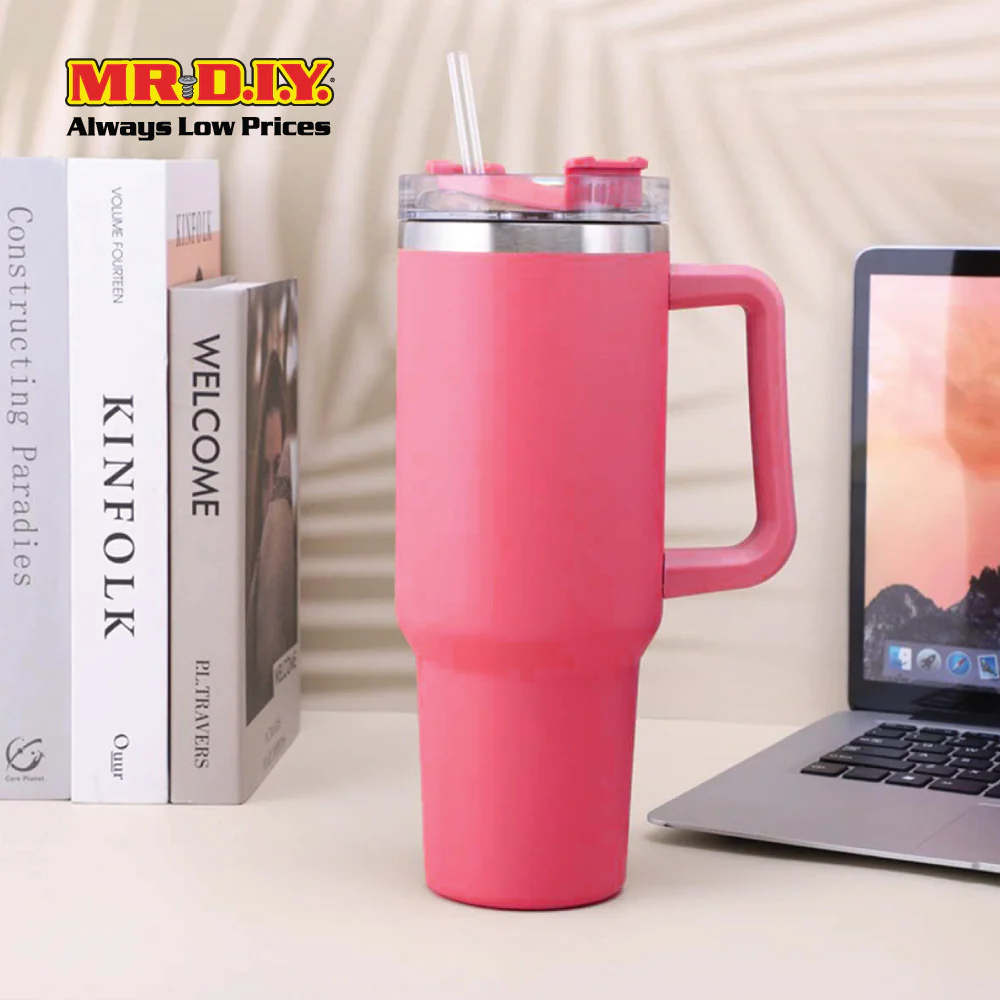 (MR. DIY) Stainless Steel Mug Thermos Flask with Straw (1200ml) - RED - Color Series - Image 7