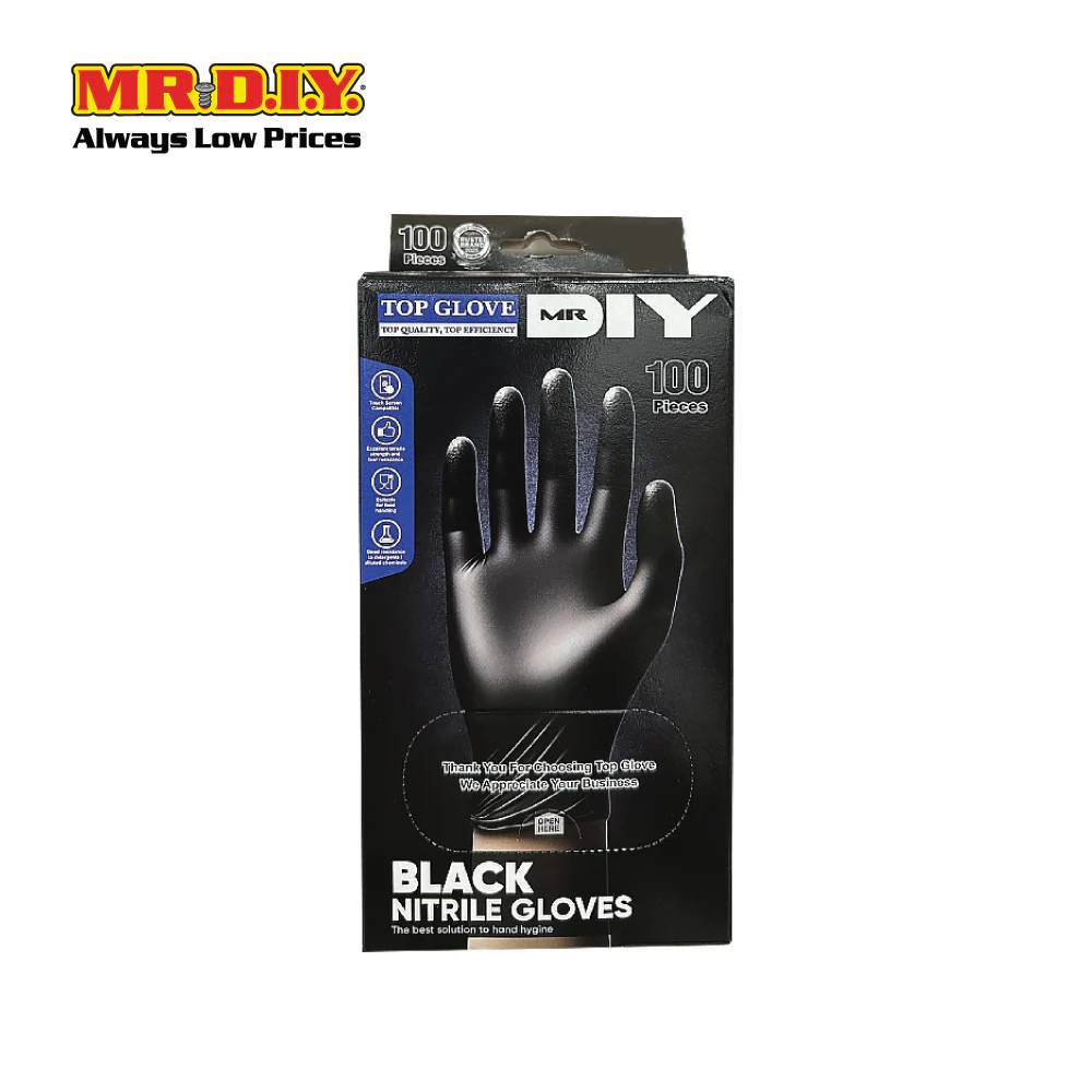 (MR.DIY) TOP GLOVE Nitrile Gloves Black 100 pcs (Size S,M,L) - Image 4