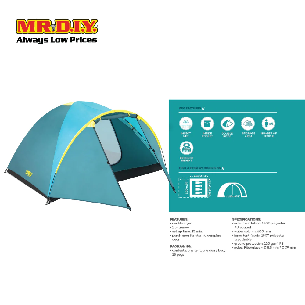 PAVILLO Active Ridge 4 Person Outdoor Camping Hiking Water Resistant Tent (2.10m x 2.40m x 1.30m) - Image 4
