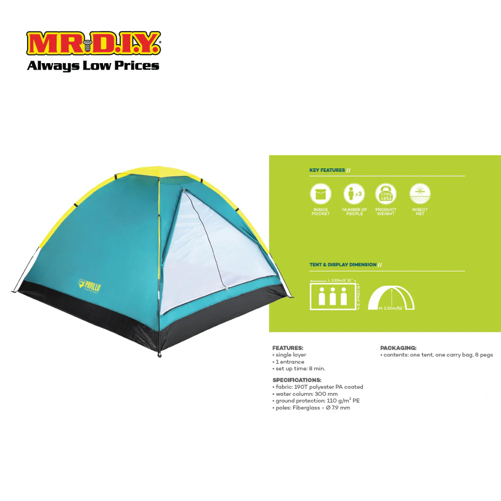 [BEST SELLER] PAVILLO Cool Dome 3 Person Outdoor Camping Tent (2.10m x 2.10m x 1.30m) - Image 5