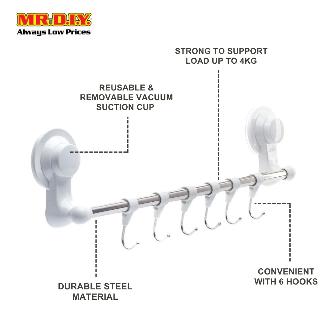 (MR.DIY) Strong Vacuum Suction Cup Wall Mounted Toilet Bathroom Towel Bar With Hooks (37cm) - Image 5