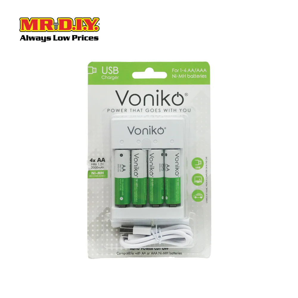 VONIKO USB Rechargeable Auto Power Cut Off Battery with Charger HR6 1.2V AA Set 2000mAh (4 x AA) - Image 3