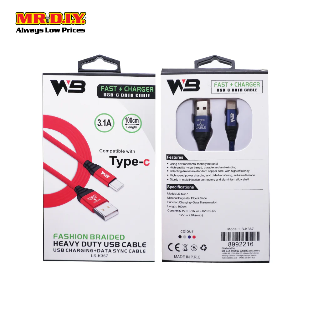 WB Fashion Braided Heavy Duty Type-C USB 3.1A Fast Charge Data Cable LS-K367 (1m) - Image 2
